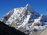 11 01 Hongu Peak From Near Baruntse Base Camp After trekking to Makalu Base Camp South and crossing the East and West Cols, the trail turns southward from Baruntse Base Camp (5450m) going alongside the east edge of the Hongu Pokhari (5350m) lake with view ahead to Hongu Peak (6119m).